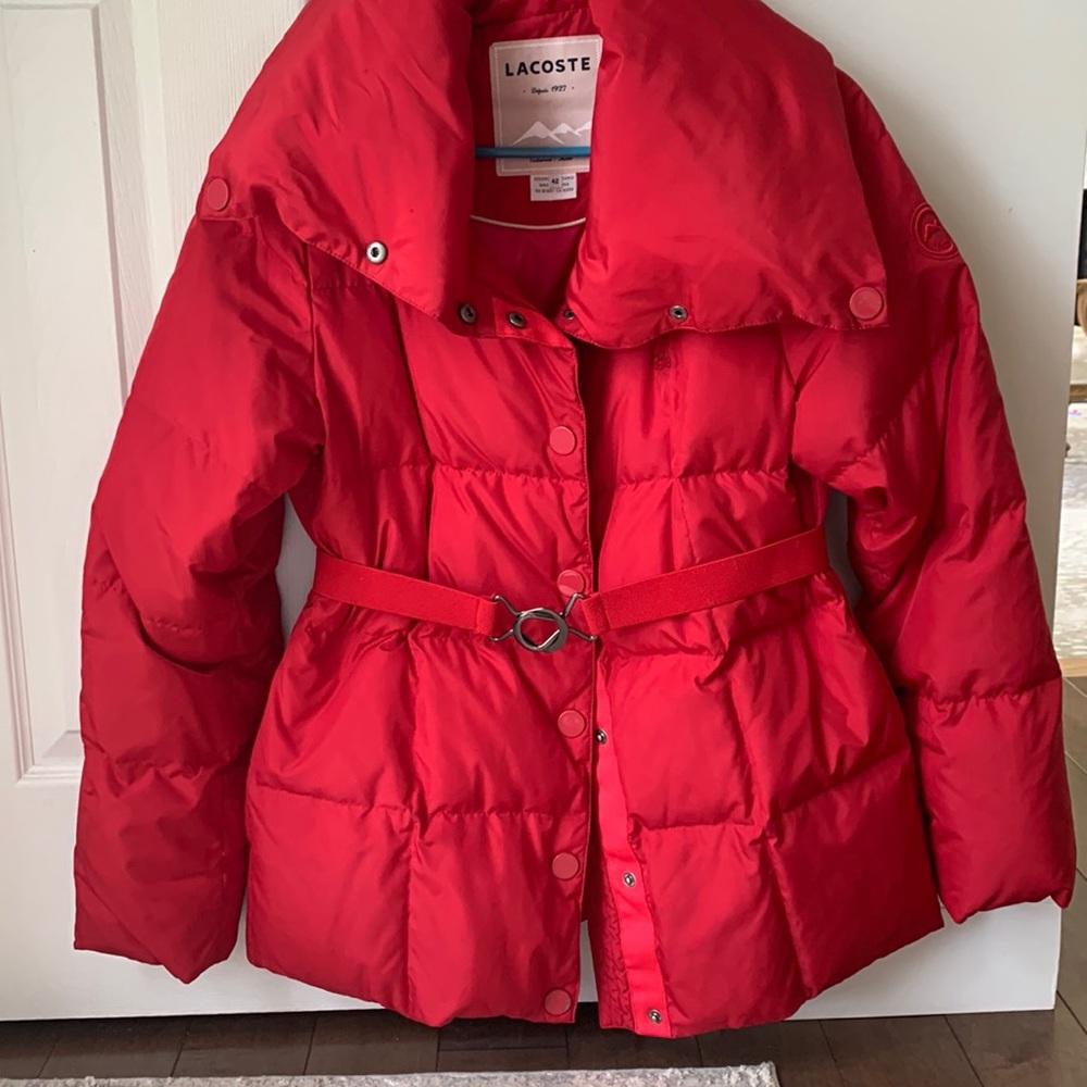 Red Lacoste down coat.